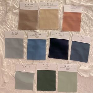 Azazie fabric swatches samples - blues greens tan